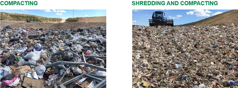 A visual comparison between compaction alone vs. shredding with compaction at a landfill.
